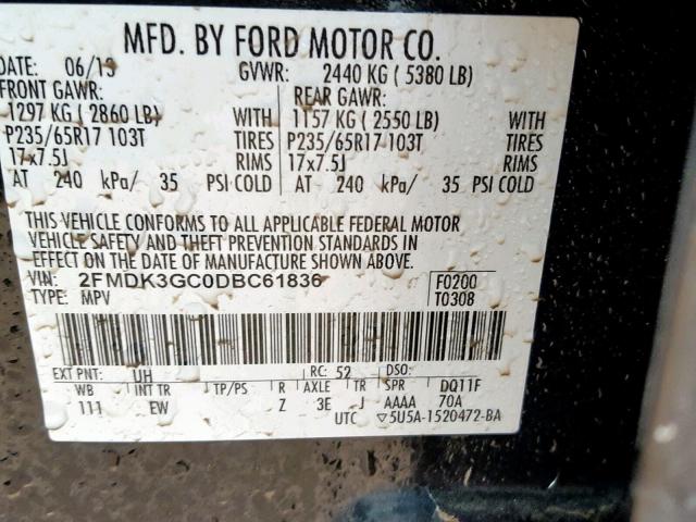 2FMDK3GC0DBC61836 - 2013 FORD EDGE SE BLACK photo 10