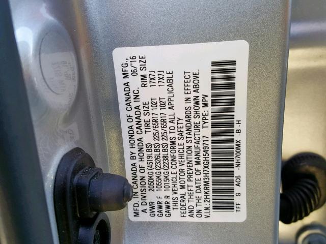 2HKRM3H7XGH549717 - 2016 HONDA CR-V EXL SILVER photo 10