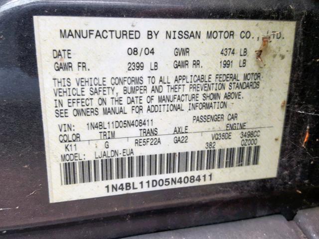 1N4BL11D05N408411 - 2005 NISSAN ALTIMA SE CHARCOAL photo 10