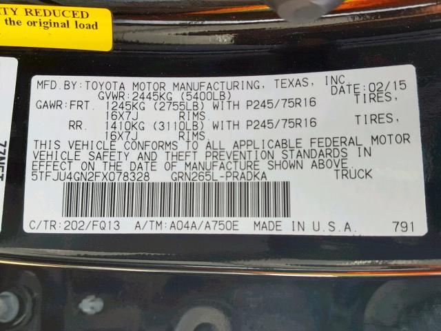 5TFJU4GN2FX078328 - 2015 TOYOTA TACOMA DOU BLACK photo 10
