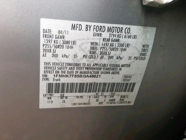 1FMHK7F85BGA48621 - 2011 FORD EXPLORER L SILVER photo 10