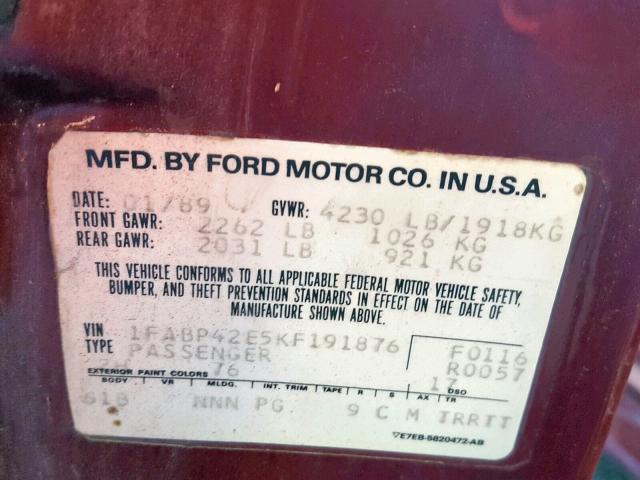 1FABP42E5KF191876 - 1989 FORD MUSTANG GT RED photo 10