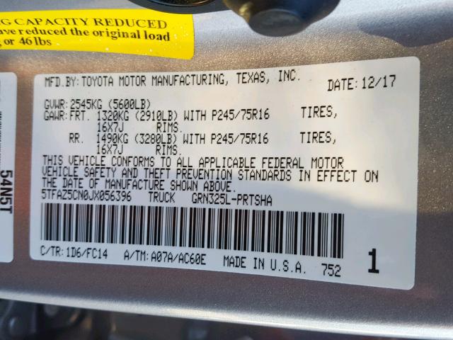 5TFAZ5CN0JX056396 - 2018 TOYOTA TACOMA DOU SILVER photo 10