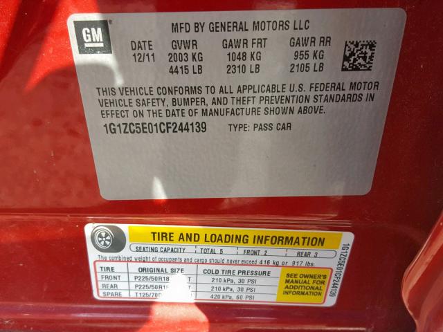 1G1ZC5E01CF244139 - 2012 CHEVROLET MALIBU 1LT 红色 照片 10