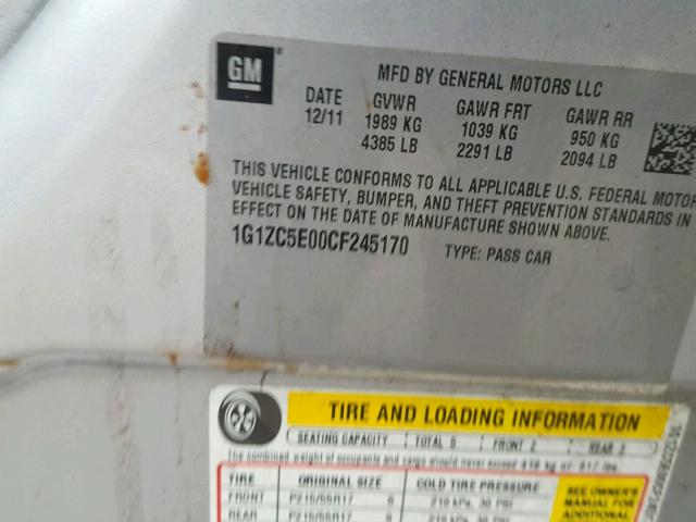 1G1ZC5E00CF245170 - 2012 CHEVROLET MALIBU 1LT SILVER photo 10