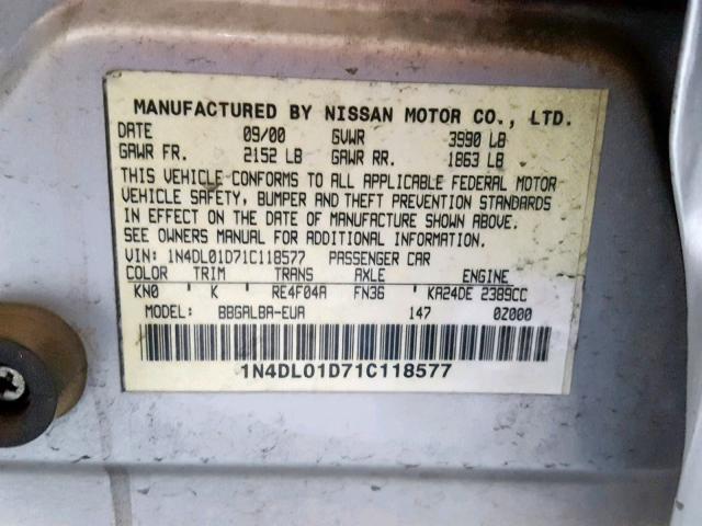 1N4DL01D71C118577 - 2001 NISSAN ALTIMA XE SILVER photo 10