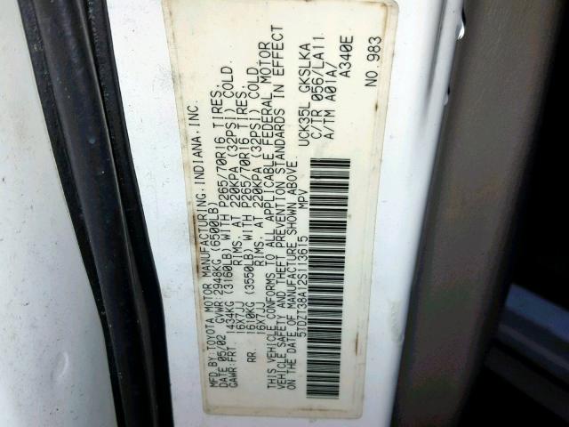 5TDZT38A12S113615 - 2002 TOYOTA SEQUOIA LI WHITE photo 10