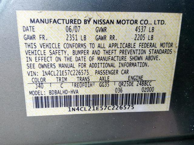 1N4CL21E57C226575 - 2007 NISSAN ALTIMA HYB GREEN photo 10