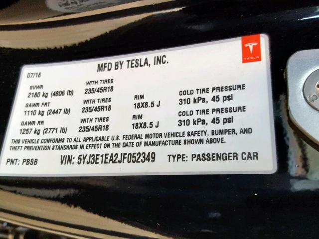 5YJ3E1EA2JF052349 - 2018 TESLA MODEL 3 BLACK photo 10