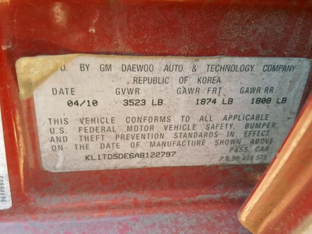 KL1TD5DE6AB122797 - 2010 CHEVROLET AVEO LS RED photo 10