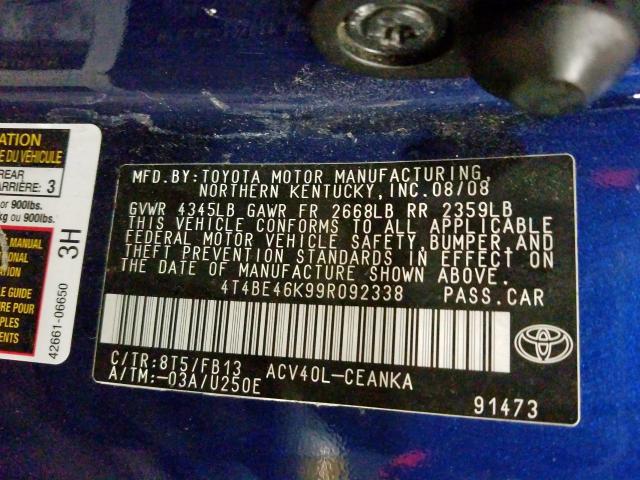 4T4BE46K99R092338 - 2009 TOYOTA CAMRY BASE  photo 10