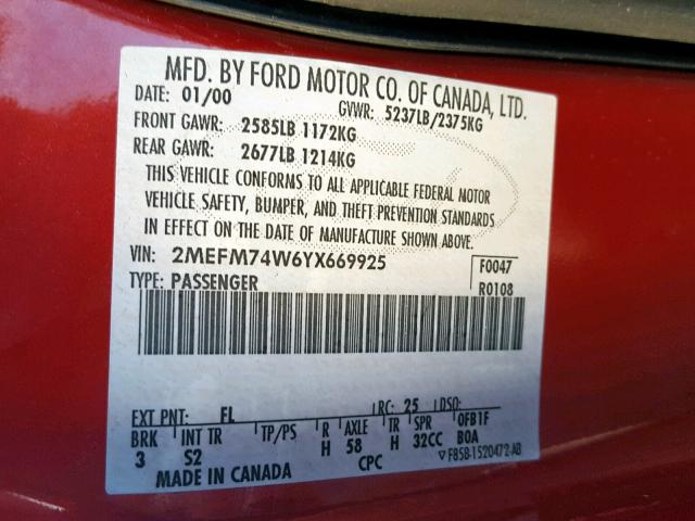 2MEFM74W6YX669925 - 2000 MERCURY GRAND MARQ RED photo 10