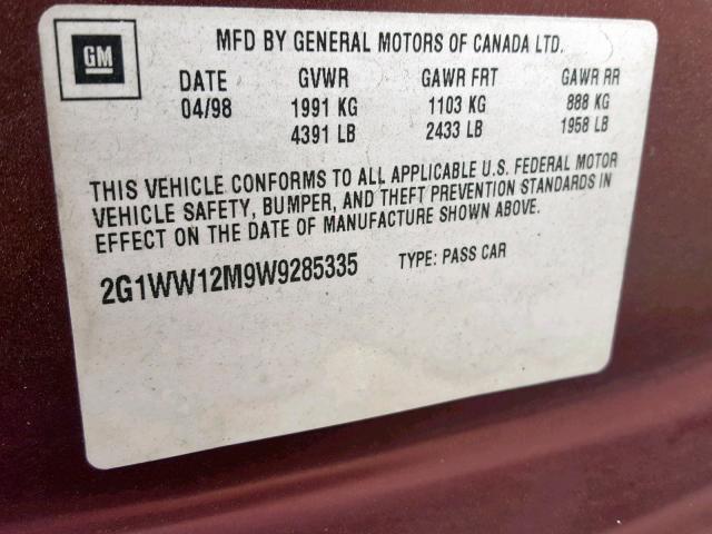 2G1WW12M9W9285335 - 1998 CHEVROLET MONTE CARL BURGUNDY photo 10