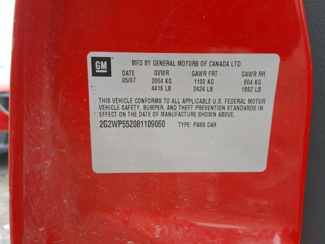 2G2WP552081109060 - 2008 PONTIAC GRAND PRIX RED photo 10