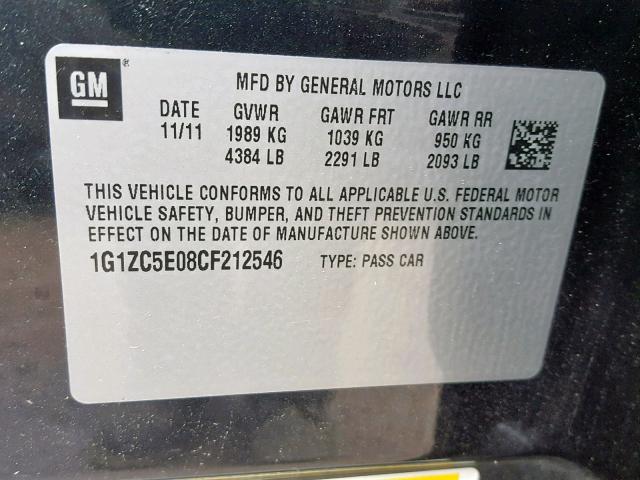 1G1ZC5E08CF212546 - 2012 CHEVROLET MALIBU 1LT 黑色 照片 10