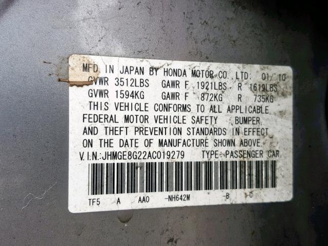 JHMGE8G22AC019279 - 2010 HONDA FIT SILVER photo 10