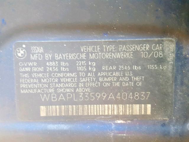 WBAPL33599A404837 - 2009 BMW 335 XI BLUE photo 10