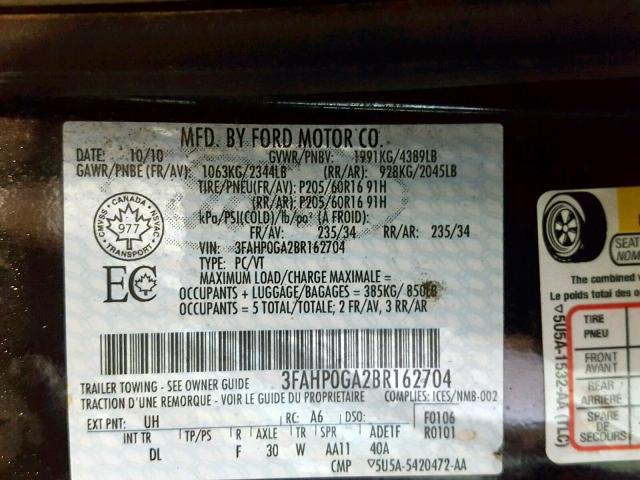 3FAHP0GA2BR162704 - 2011 FORD FUSION S BLACK photo 10