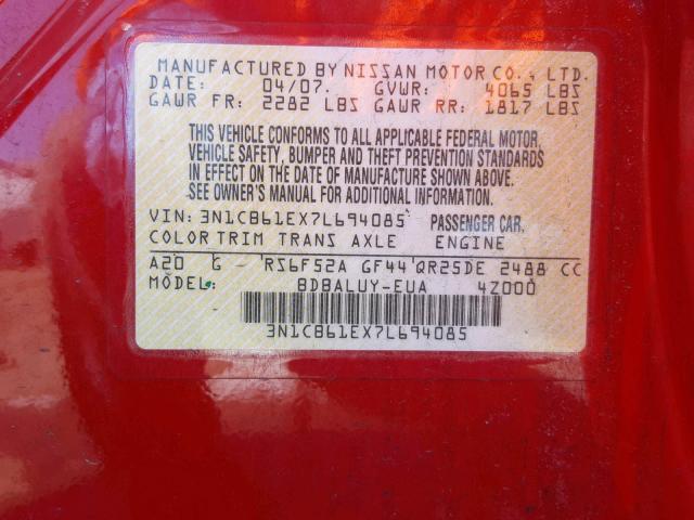 3N1CB61EX7L694085 - 2007 NISSAN SENTRA SE- RED photo 10