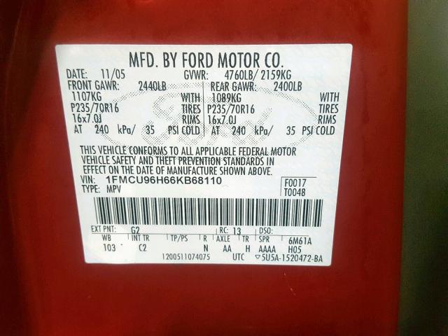 1FMCU96H66KB68110 - 2006 FORD ESCAPE HEV RED photo 10