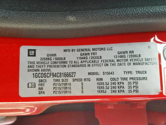1GCDSCF94C8166627 - 2012 CHEVROLET COLORADO L RED photo 10