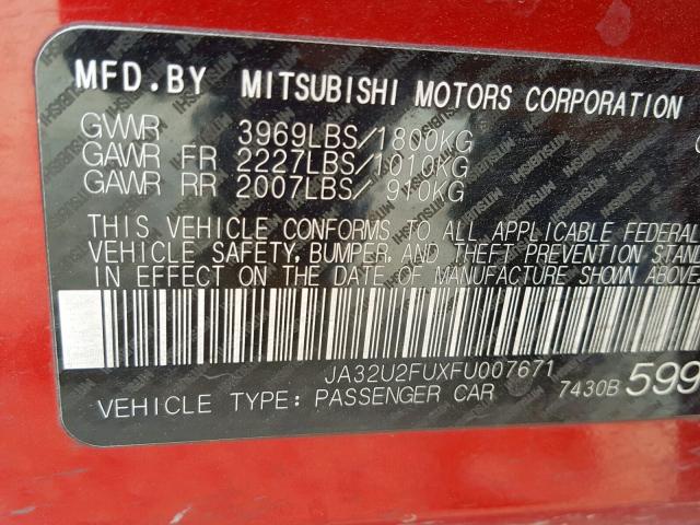 JA32U2FUXFU007671 - 2015 MITSUBISHI LANCER ES RED photo 10