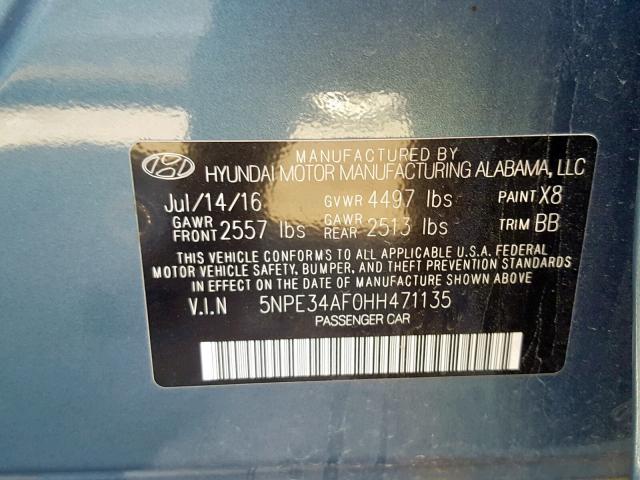 5NPE34AF0HH471135 - 2017 HYUNDAI SONATA SPO BLUE photo 10