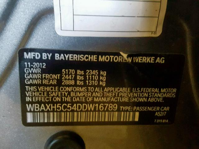 WBAXH5C54DDW16789 - 2013 BMW 528 XI GRAY photo 10