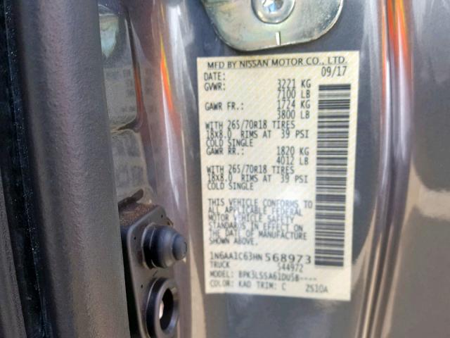 1N6AA1C63HN568973 - 2017 NISSAN TITAN SV GRAY photo 10