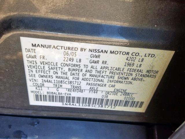 1N4AL11D85C385712 - 2005 NISSAN ALTIMA S GRAY photo 10