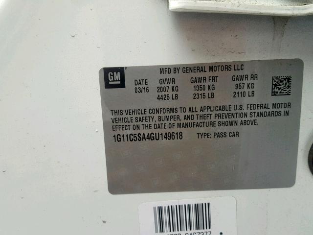 1G11C5SA4GU149618 - 2016 CHEVROLET MALIBU LIM 白色 照片 10