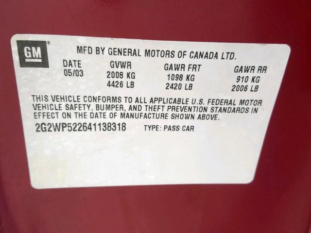 2G2WP522641138318 - 2004 PONTIAC GRAND PRIX RED photo 10