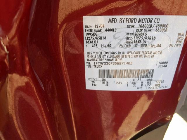 1FTWX30P35EB71405 - 2005 FORD F350 SRW S MAROON photo 10