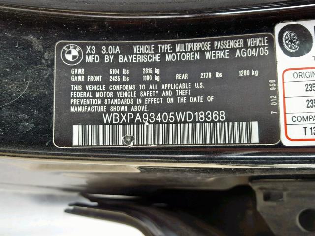 WBXPA93405WD18368 - 2005 BMW X3 3.0I BLACK photo 10