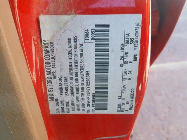 3FAFP13P8YR258885 - 2000 FORD ESCORT RED photo 10