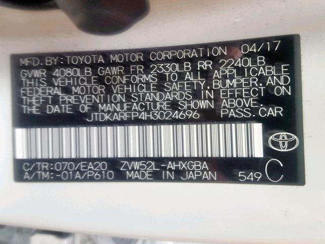 JTDKARFP4H3024696 - 2017 TOYOTA PRIUS PRIM 白色 照片 10