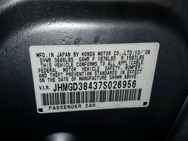 JHMGD38437S026956 - 2007 HONDA FIT GRAY photo 10