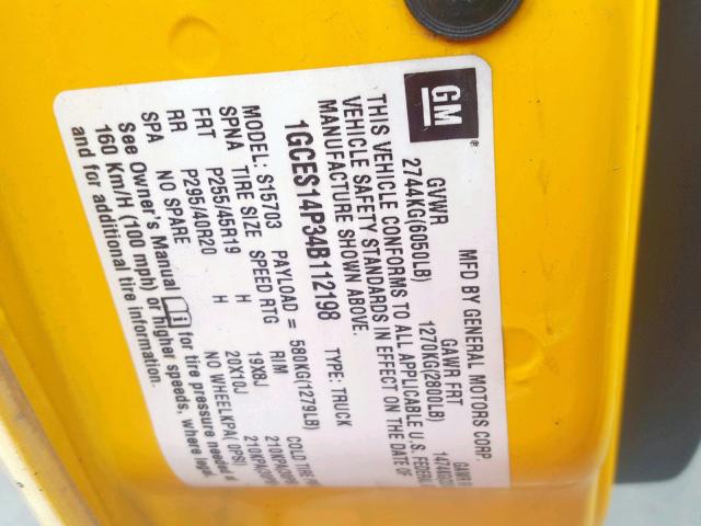 1GCES14P34B112198 - 2004 CHEVROLET SSR 黄色 照片 10