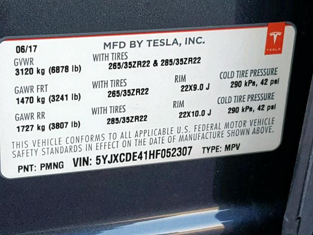 5YJXCDE41HF052307 - 2017 TESLA MODEL X GRAY photo 10