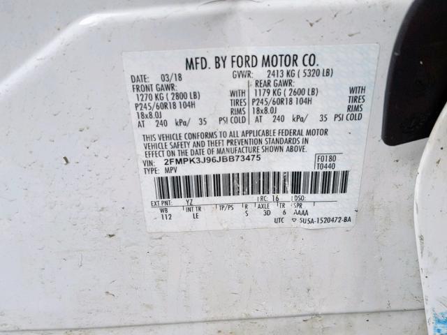 2FMPK3J96JBB73475 - 2018 FORD EDGE SEL WHITE photo 10