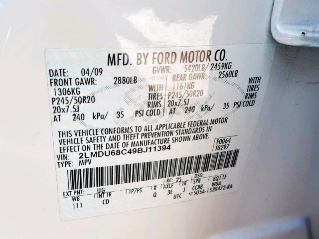2LMDU68C49BJ11394 - 2009 LINCOLN MKX WHITE photo 10