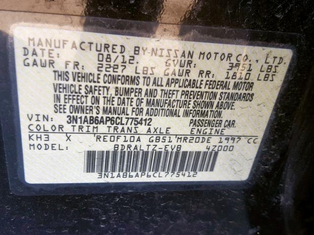 3N1AB6AP6CL775412 - 2012 NISSAN SENTRA 2.0 BLACK photo 10