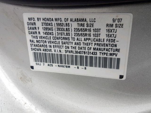 5FNRL38407B131433 - 2007 HONDA ODYSSEY EX SILVER photo 10