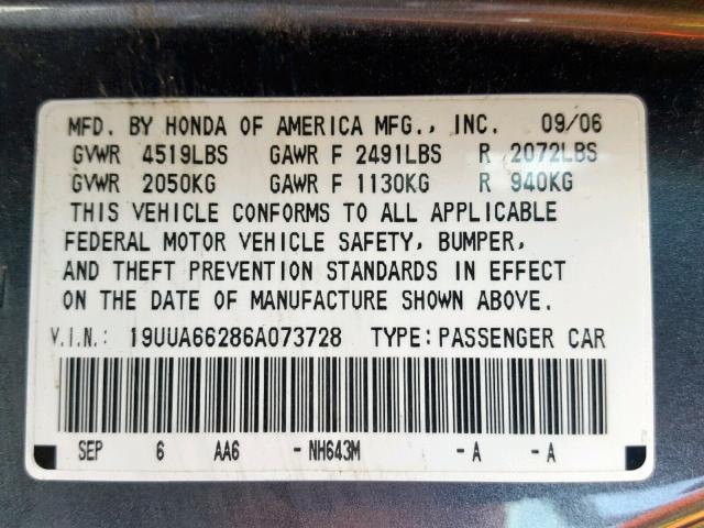 19UUA66286A073728 - 2006 ACURA 3.2TL GRAY photo 10