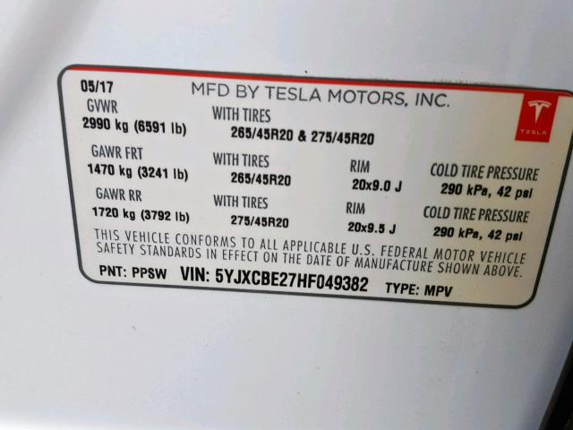 5YJXCBE27HF049382 - 2017 TESLA MODEL X WHITE photo 10