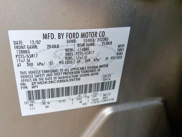 2FMDK38CX8BA39759 - 2008 FORD EDGE SEL SILVER photo 10