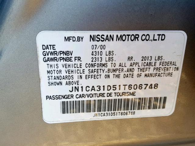 JN1CA31D51T606748 - 2001 NISSAN MAXIMA GXE SILVER photo 10