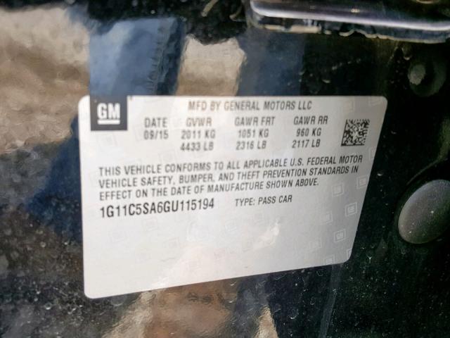 1G11C5SA6GU115194 - 2016 CHEVROLET MALIBU LIM BLACK photo 10