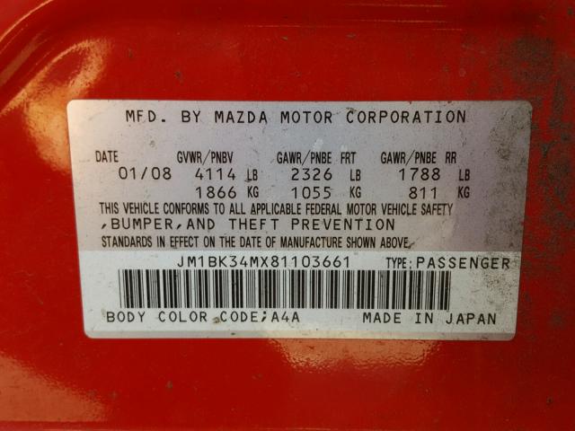 JM1BK34MX81103661 - 2008 MAZDA SPEED 3 RED photo 10