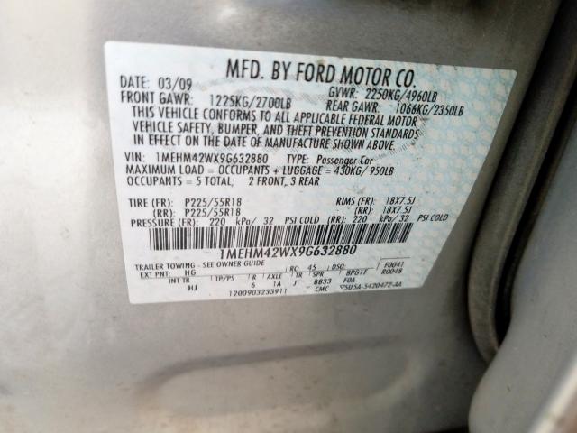 1MEHM42WX9G632880 - 2009 MERCURY SABLE PREMIER  photo 10